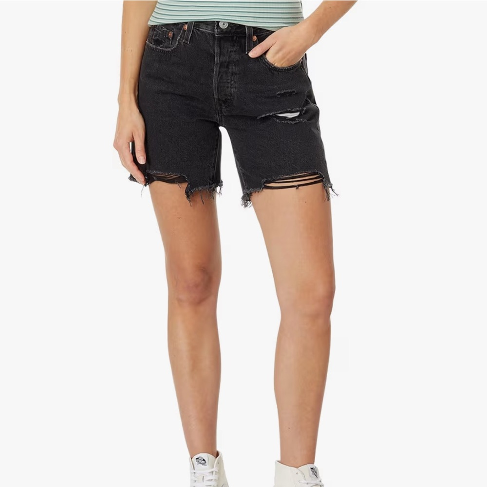 Levi's Women's 501 Mid Thigh Jean Shorts Black Distressed